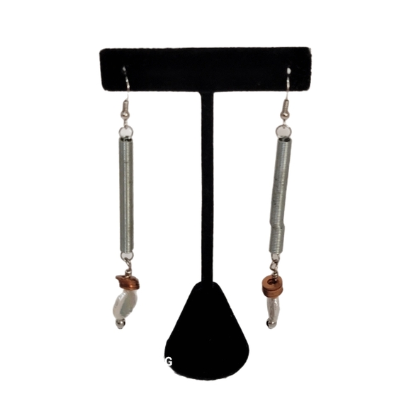 **Modern Elegance: Industrial Pearl & Bronze Coil Spring Drops Earrings** - Picture 4 of 4